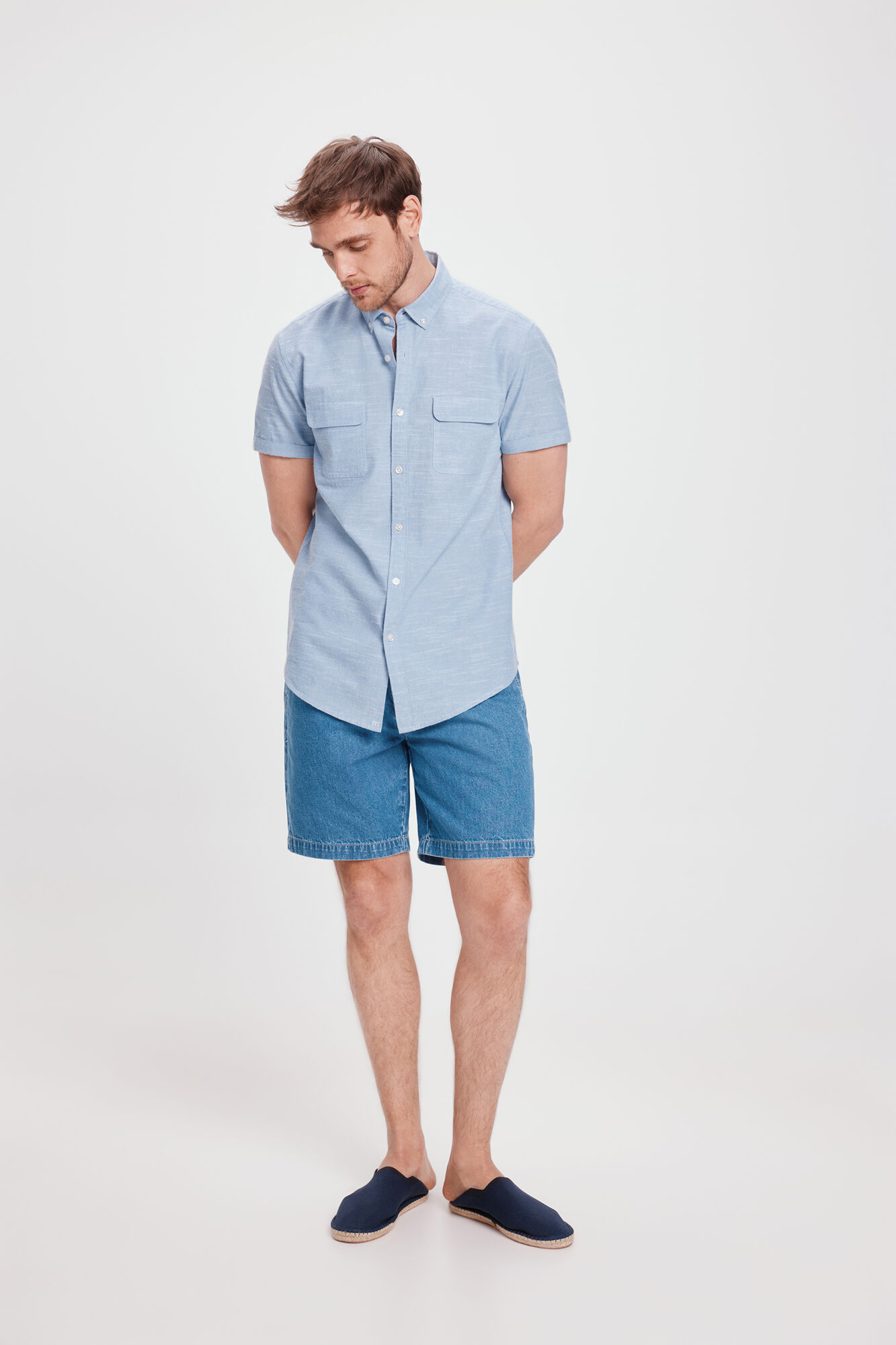 Milano Camisa Slub Lisa Bolsillos Azul
