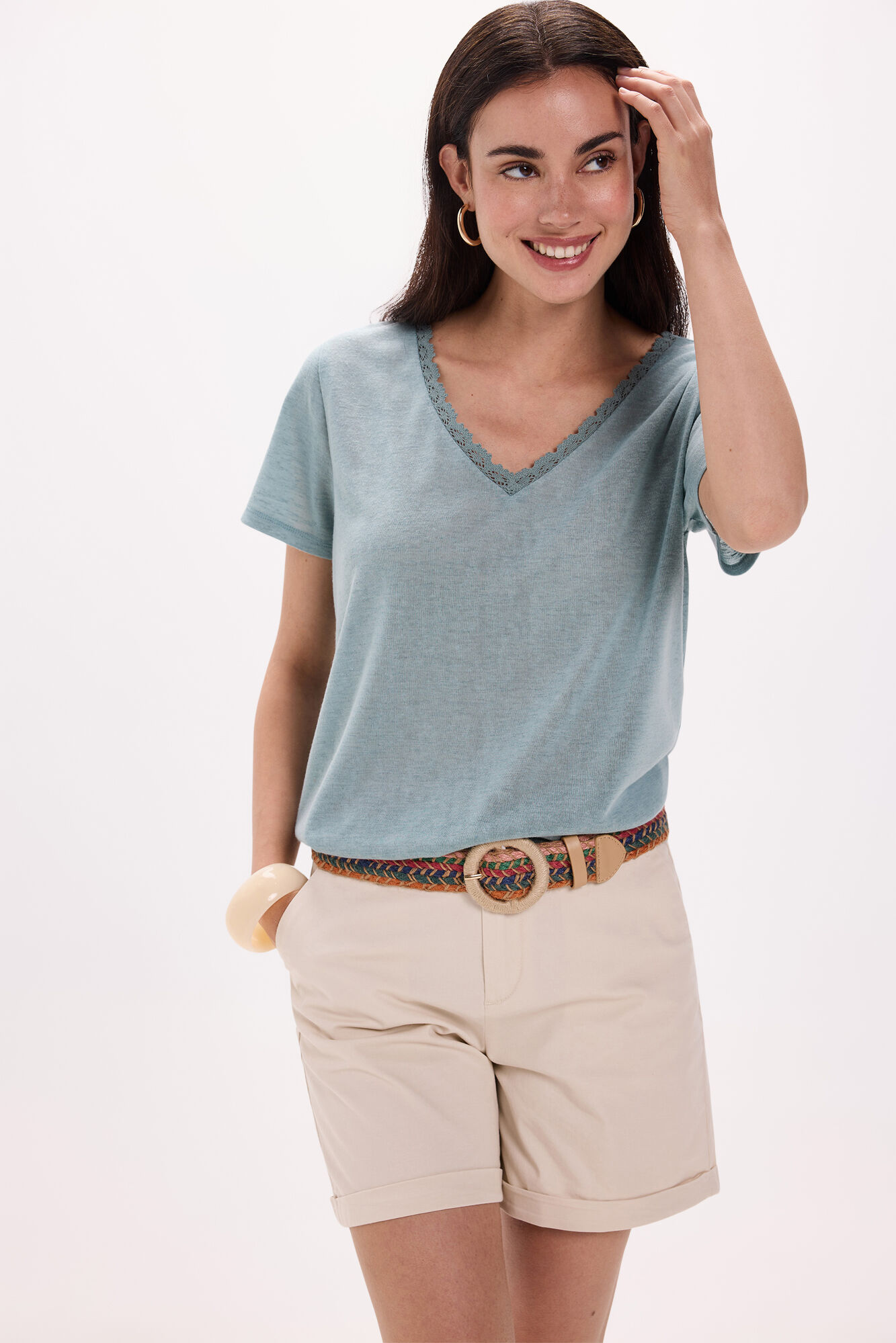 Milano Camiseta de cuello de lino - Playera con crochet Azul