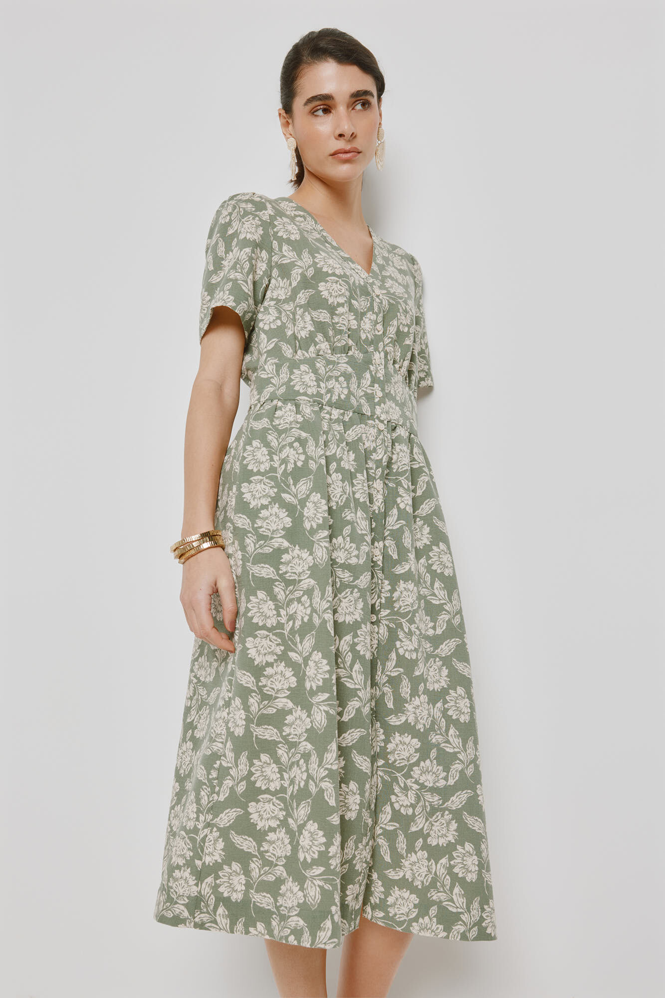 Milano Vestido escote en pico Kaki Claro