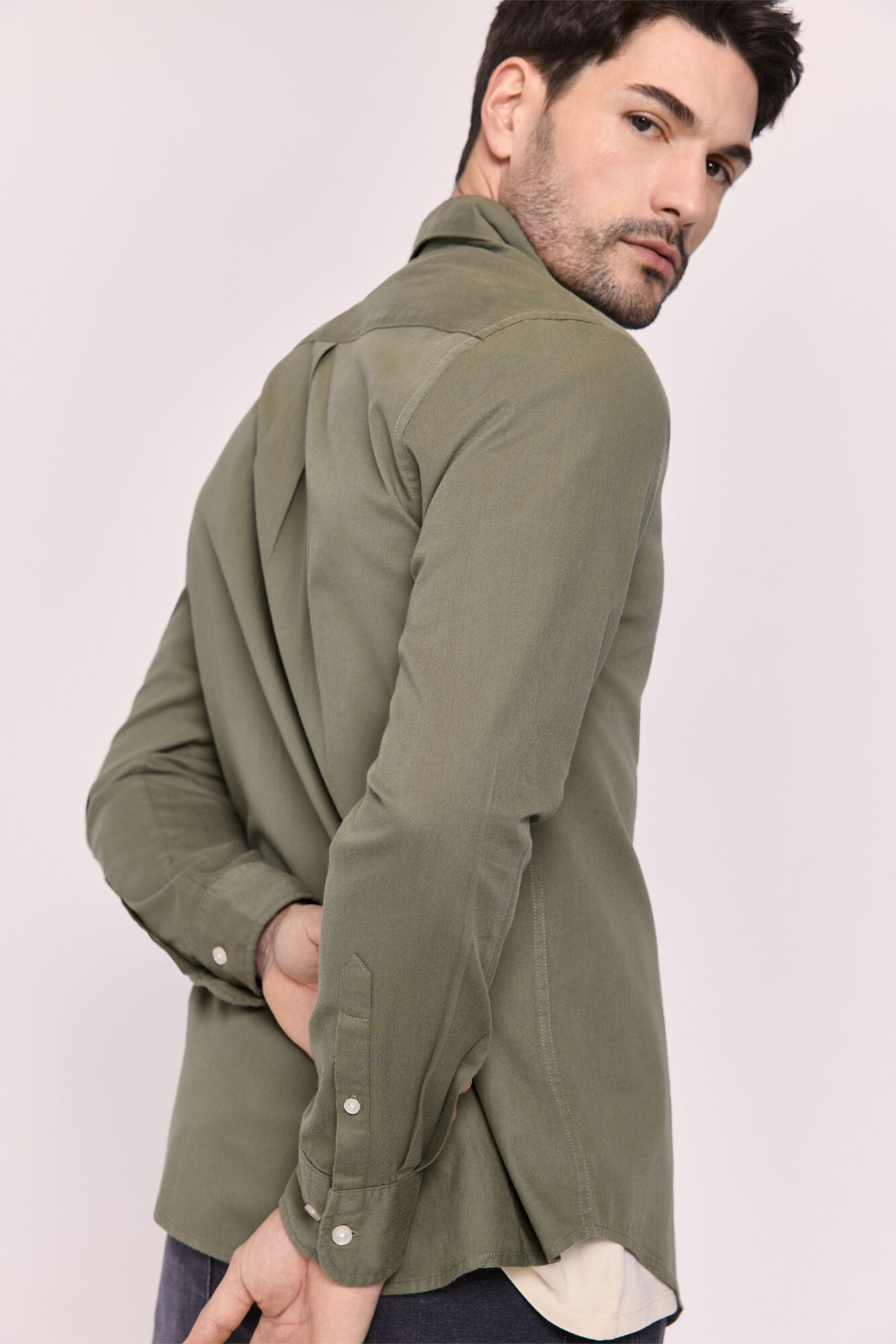 Milano Camisa lisa manga larga Kaki Oscuro