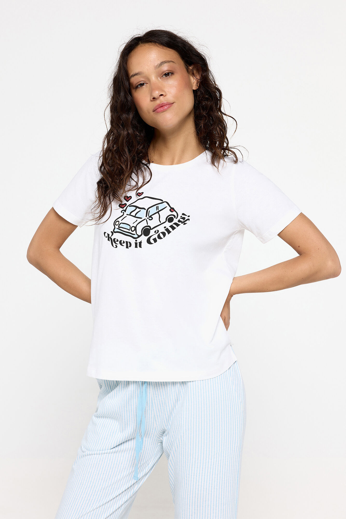 Milano Pijama algod&oacute;n print y pantal&oacute;n rayas Beige