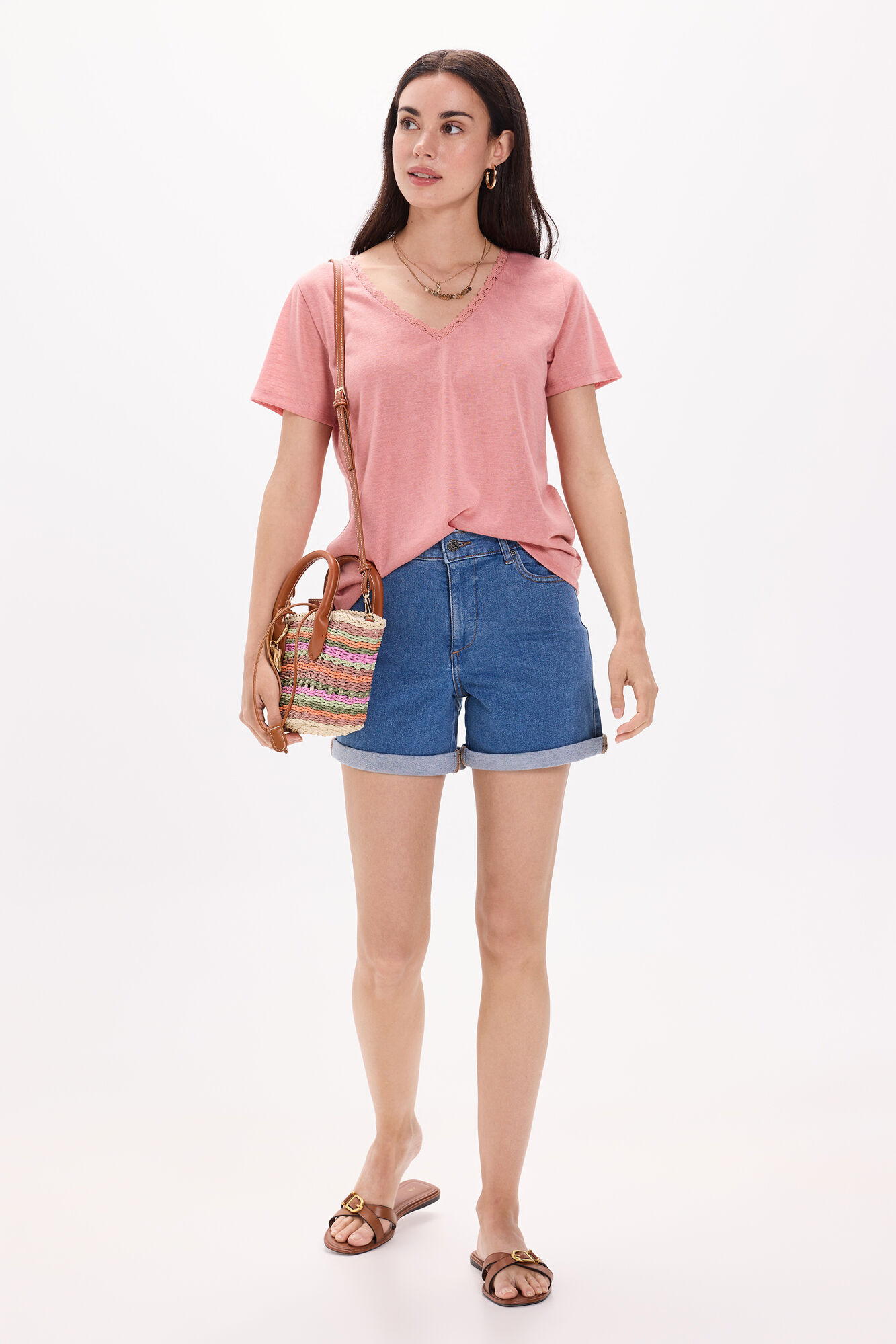 Milano Camiseta de cuello de lino - Playera con crochet Rosa