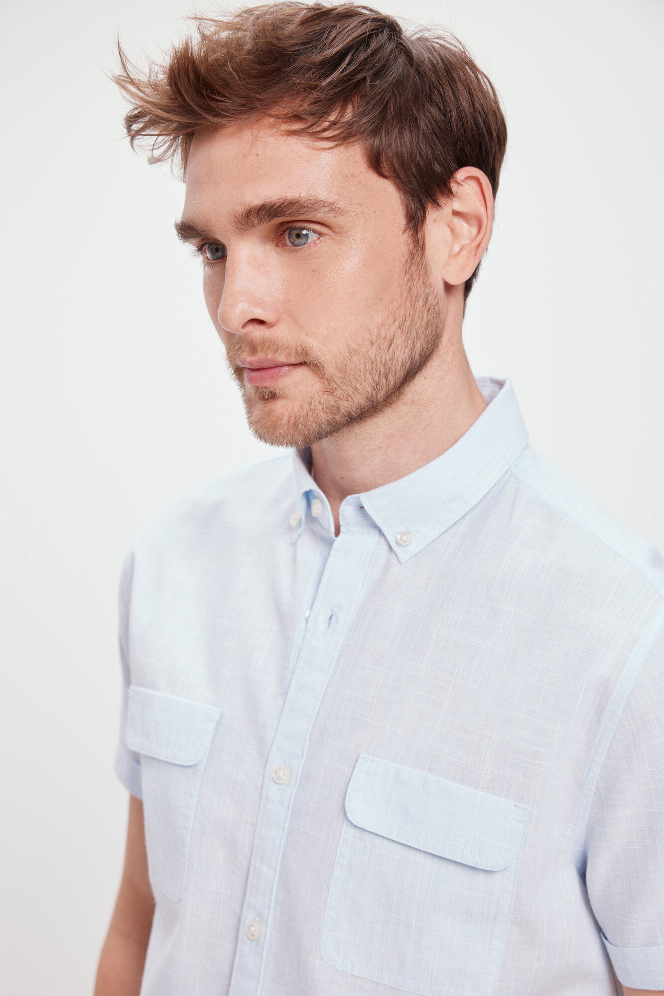 Milano Camisa Slub Lisa Bolsillos Azul