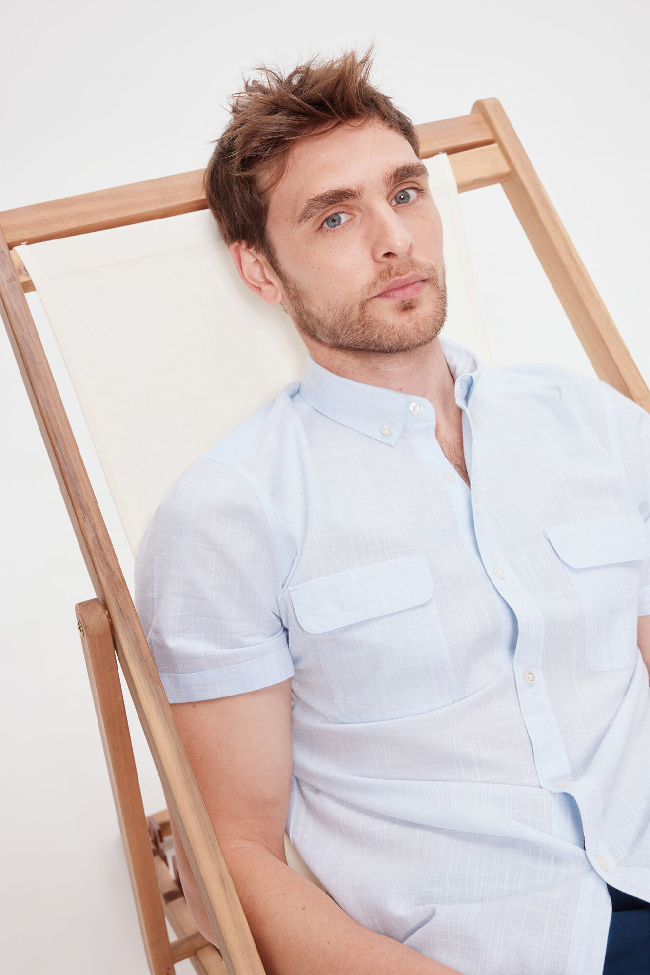 Milano Camisa Slub Lisa Bolsillos Azul