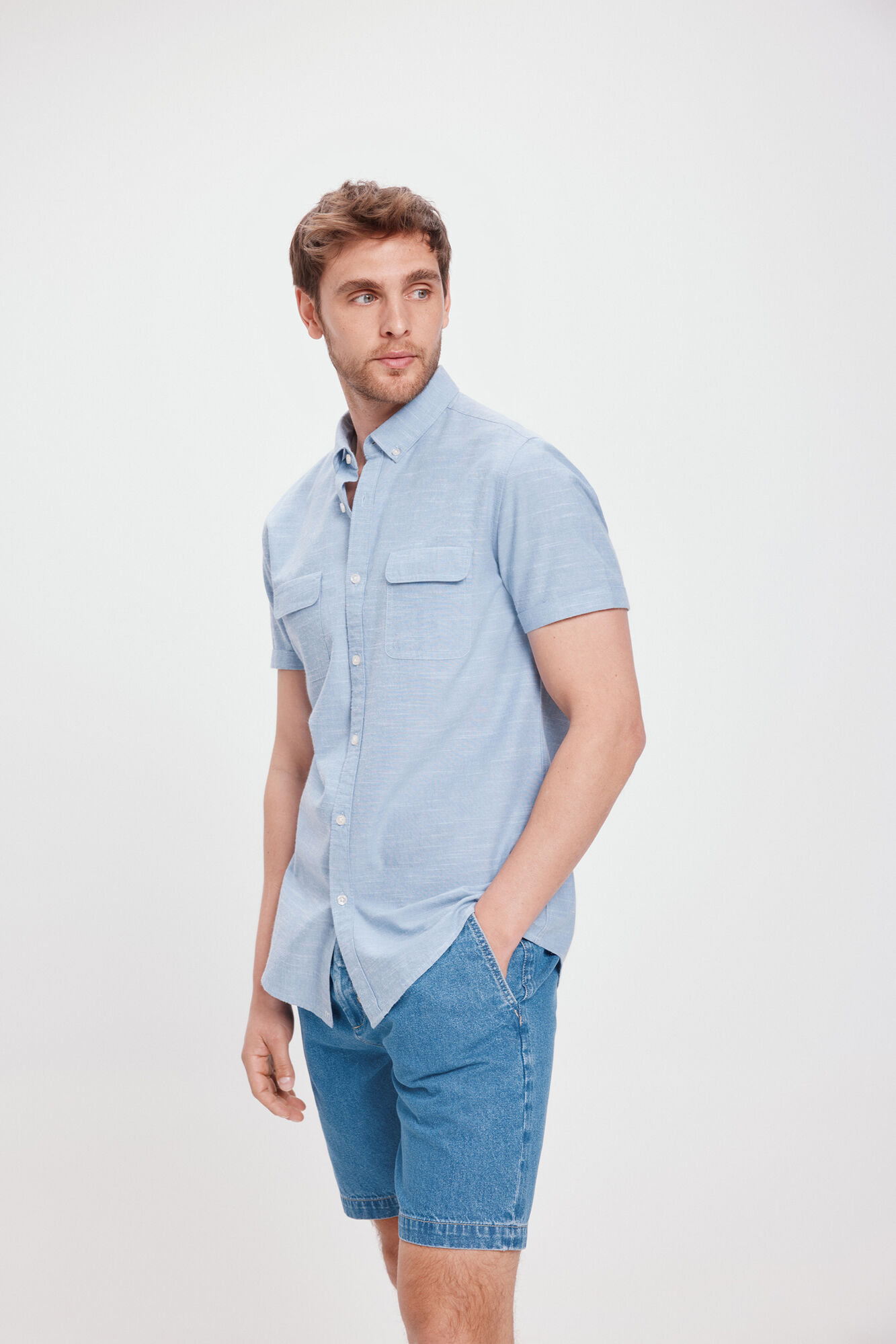 Milano Camisa Slub Lisa Bolsillos Azul