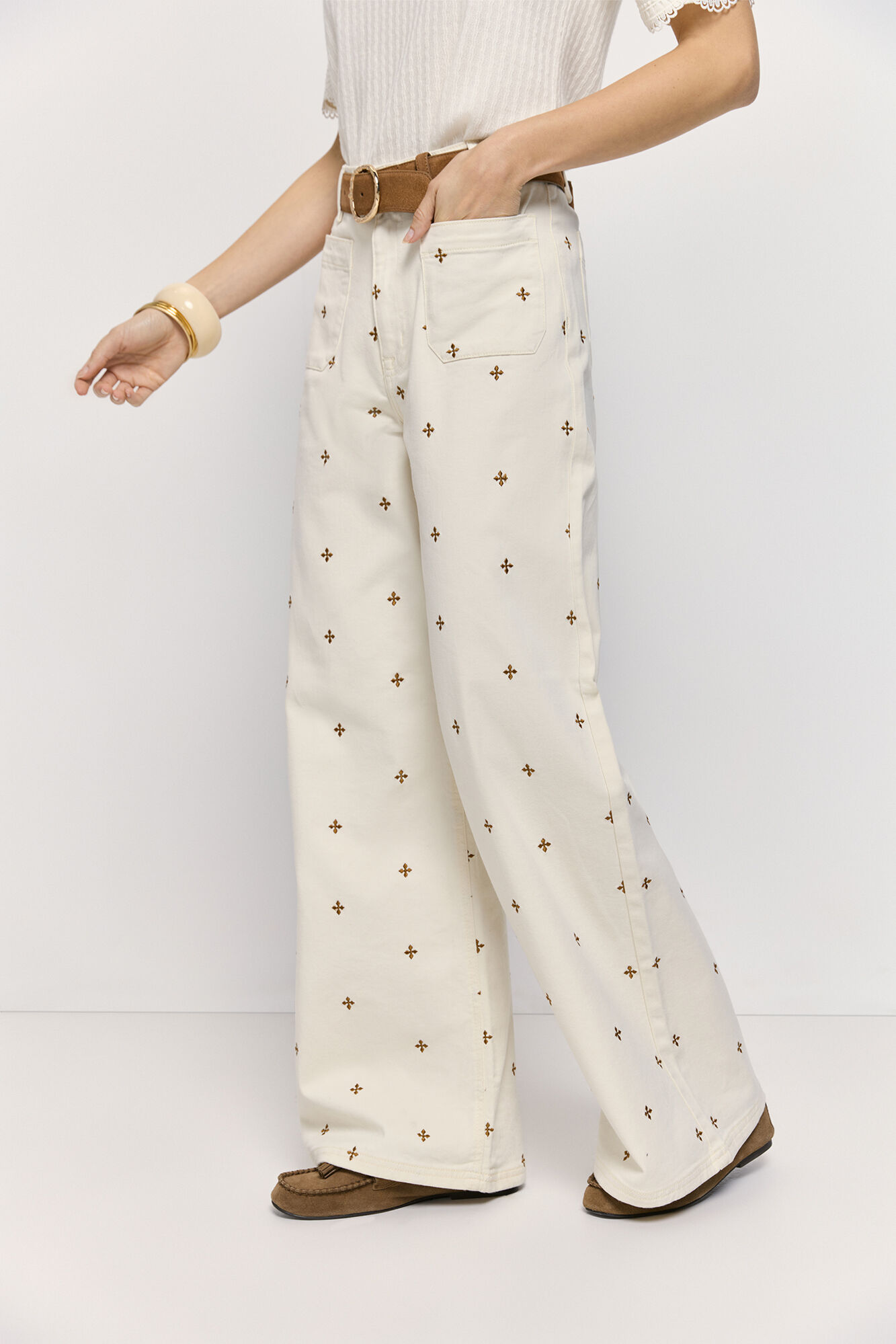Milano Pantal&oacute;n ancho con bordado Marfil