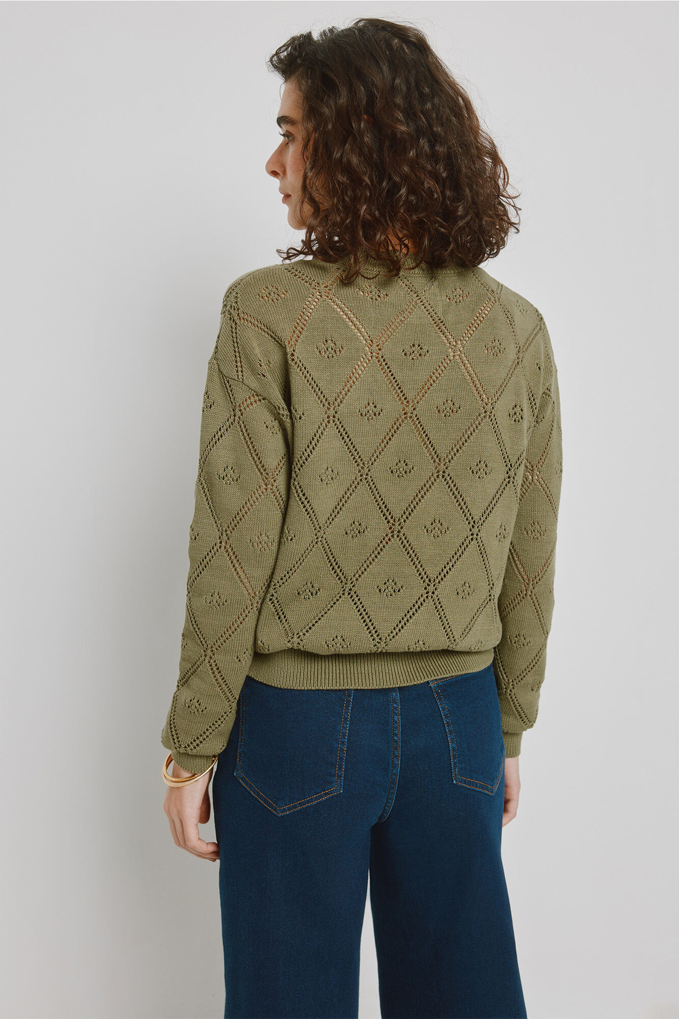 Milano Su&eacute;ter cuello redondo con dise&ntilde;o calado Kaki Claro