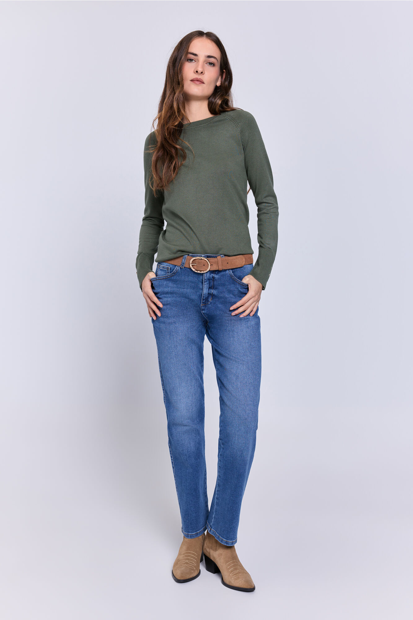 Milano Su&eacute;ter punto fino cuello redondo Kaki Oscuro