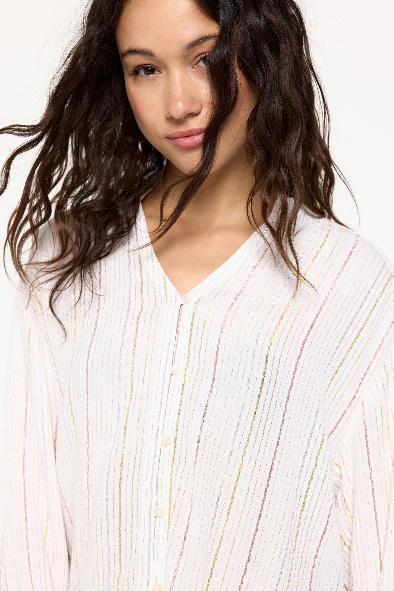 Milano Blusa fluida de rayas lurex natural