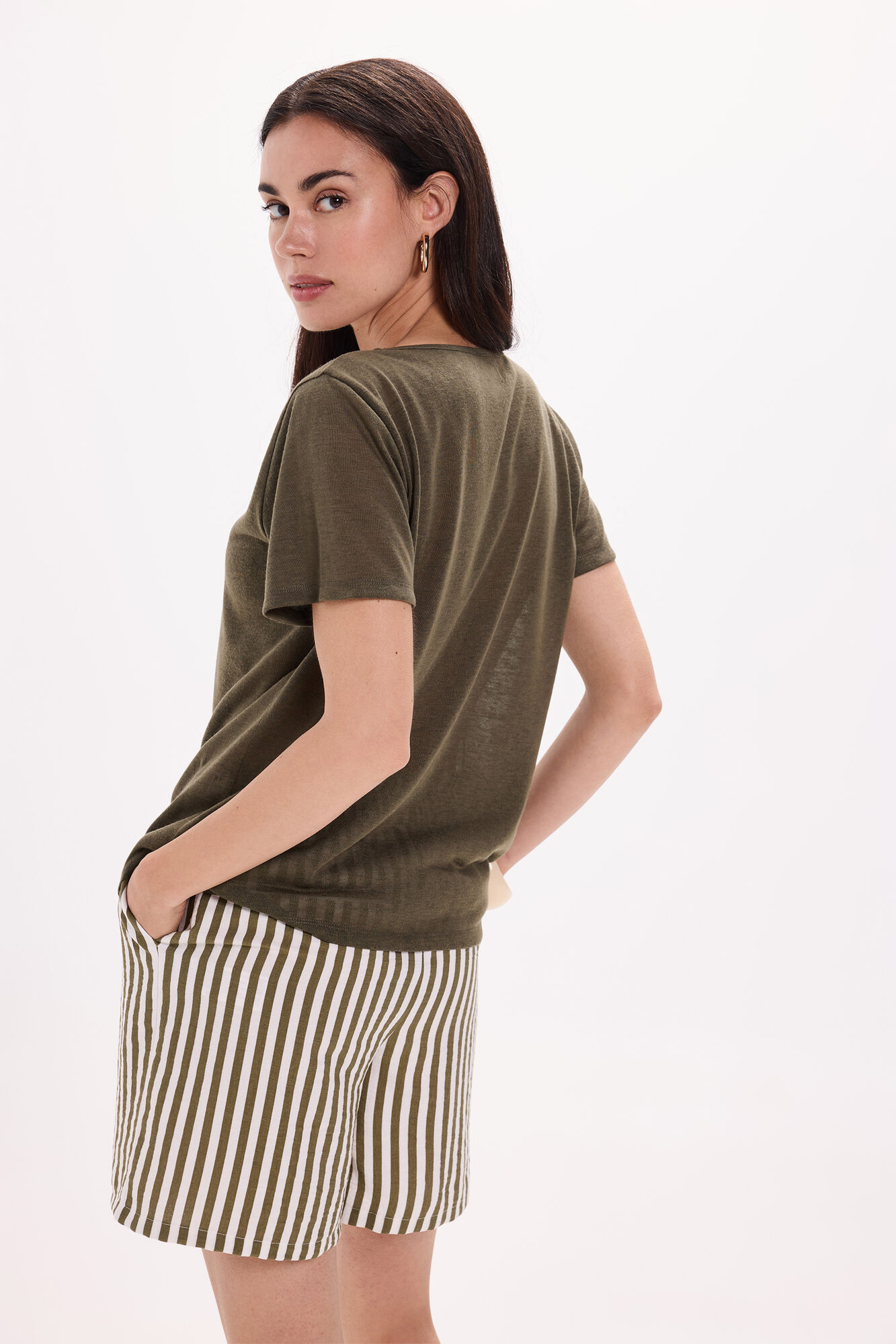 Milano Camiseta de cuello de lino - Playera con crochet Kaki Oscuro