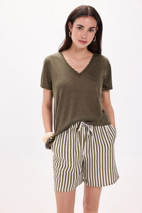 Fifty Outlet Camiseta de cuello de lino - Playera con crochet Kaki Oscuro