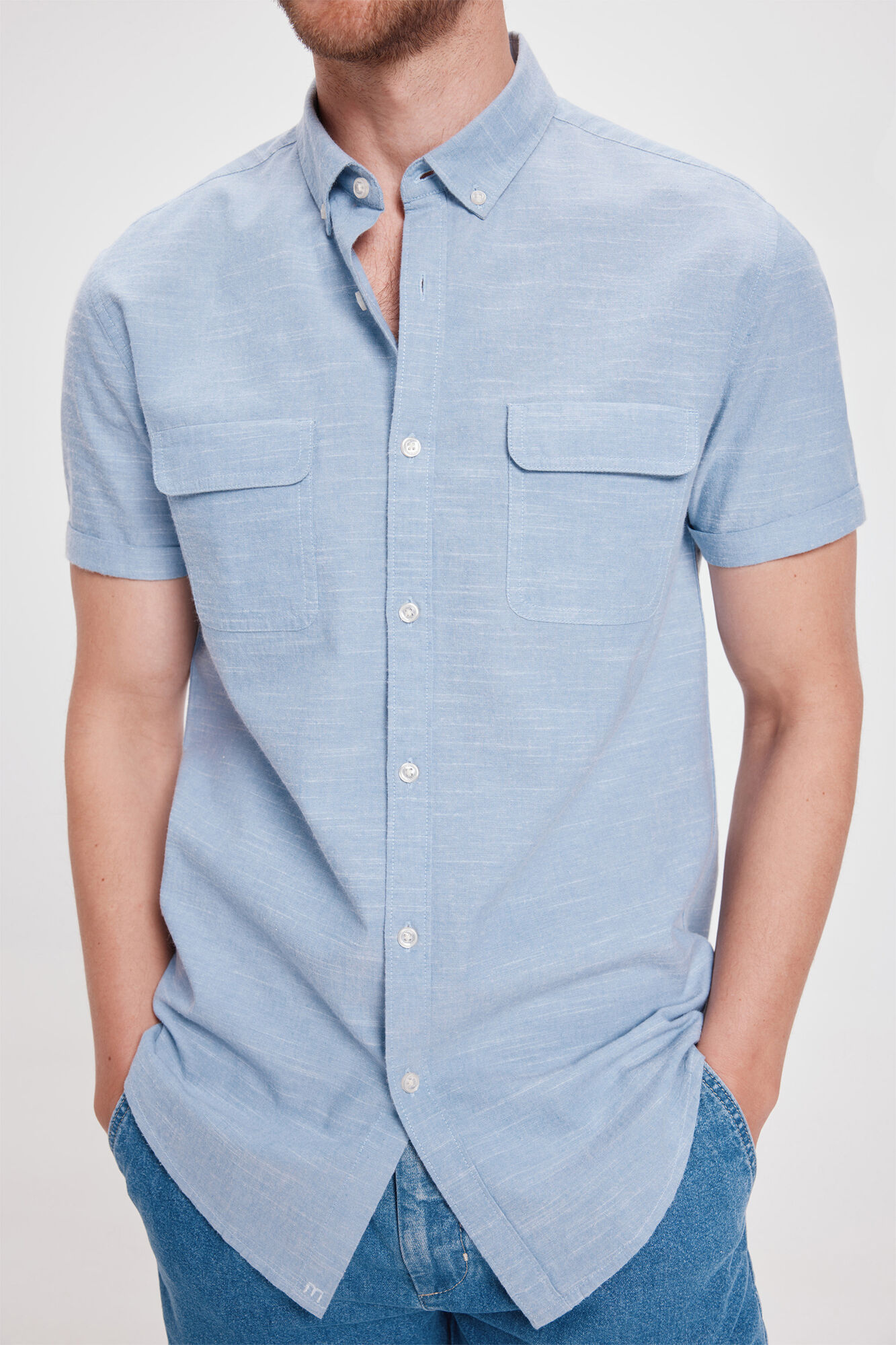 Milano Camisa Slub Lisa Bolsillos Azul