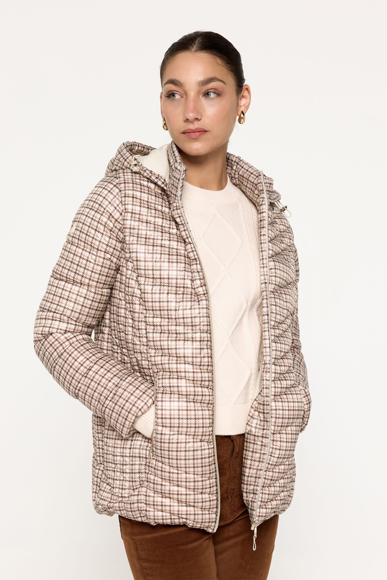 Milano Abrigo acolchado de tejido estampado con capucha Tostado