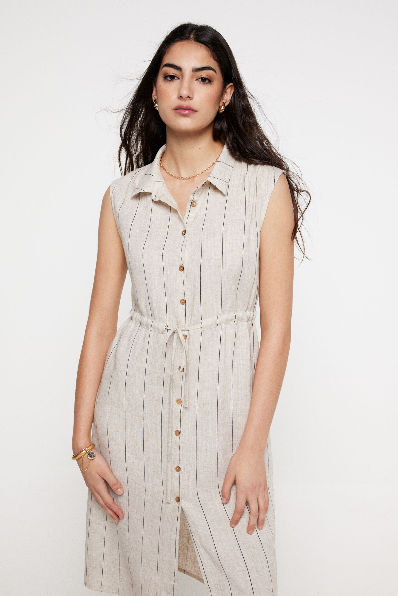 Milano Vestido camisero rayas. Beige