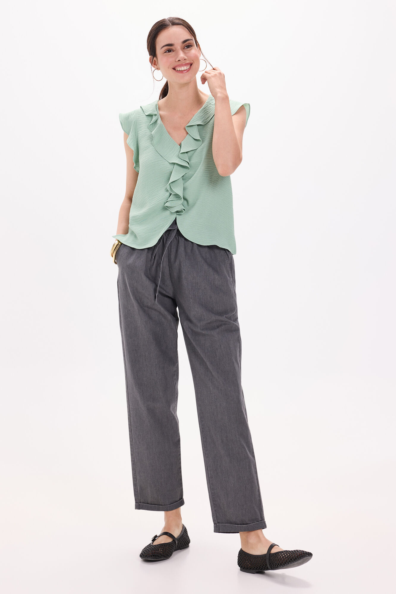 Milano Blusa fluida con volantes Verde