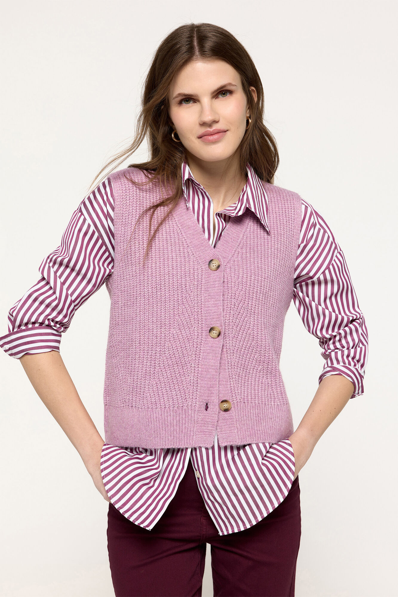 Milano Top chaleco punto grueso botones frontales Rosa
