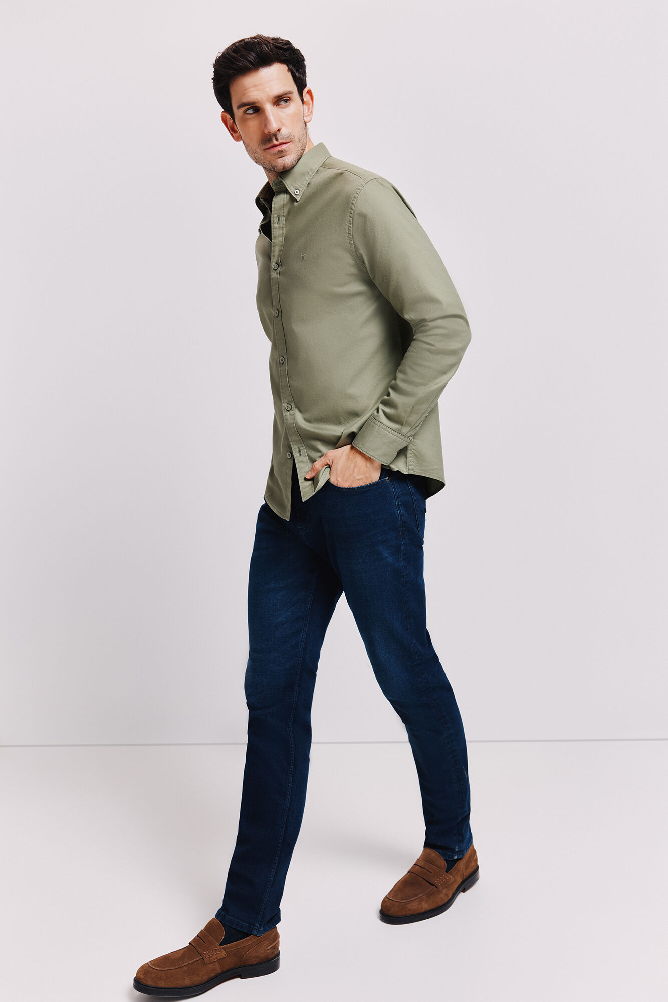 Milano Camisa lisa manga larga Kaki Claro