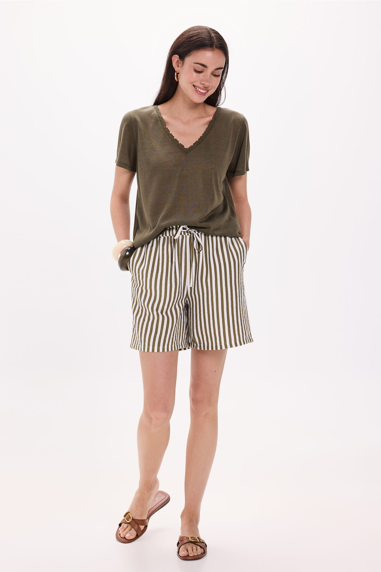 Milano Camiseta de cuello de lino - Playera con crochet Kaki Oscuro