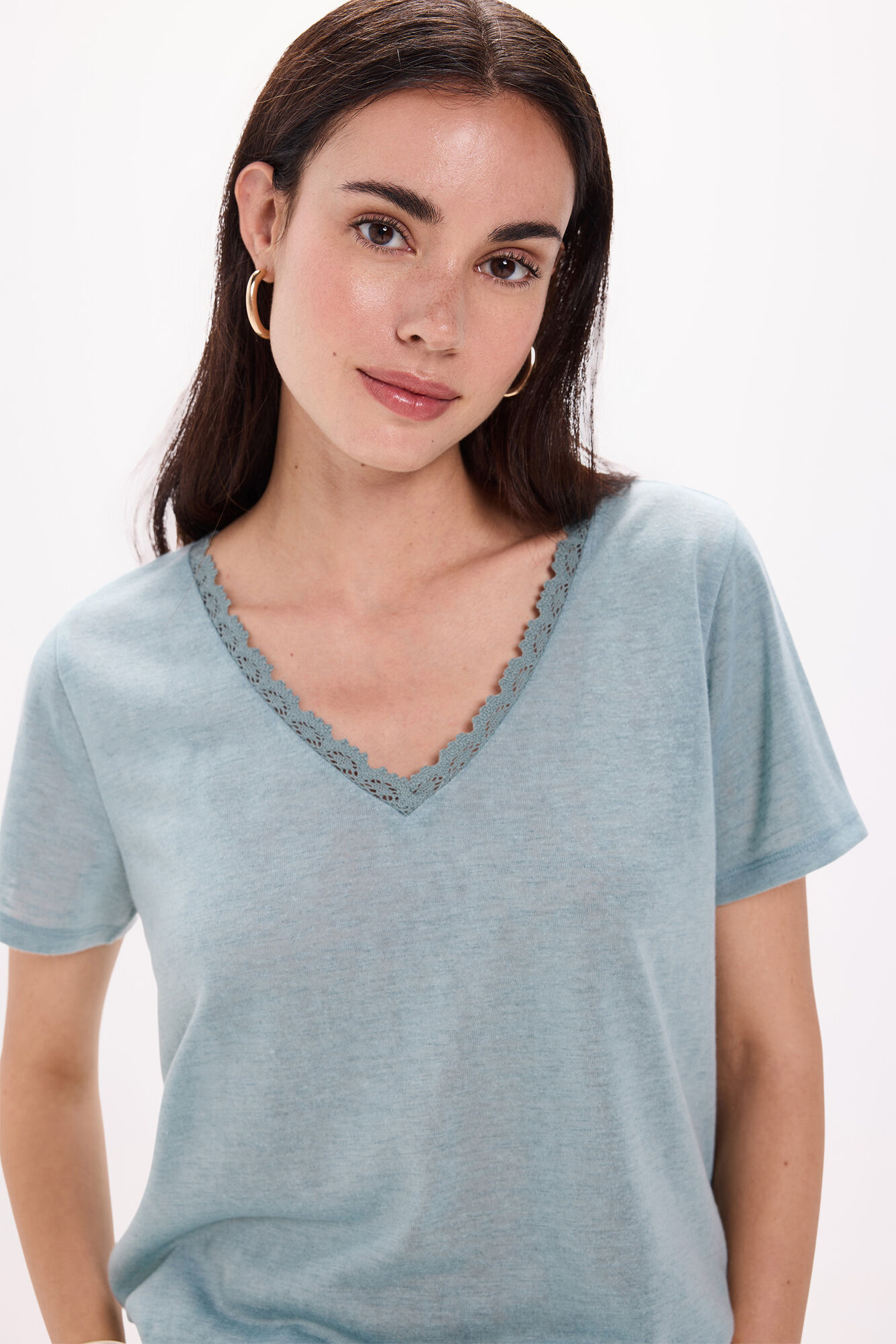 Milano Camiseta de cuello de lino - Playera con crochet Azul