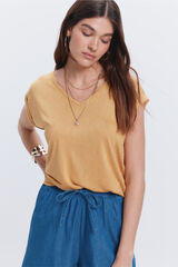 Milano Camiseta efecto lino cuello pico Dorado/ Mostaza