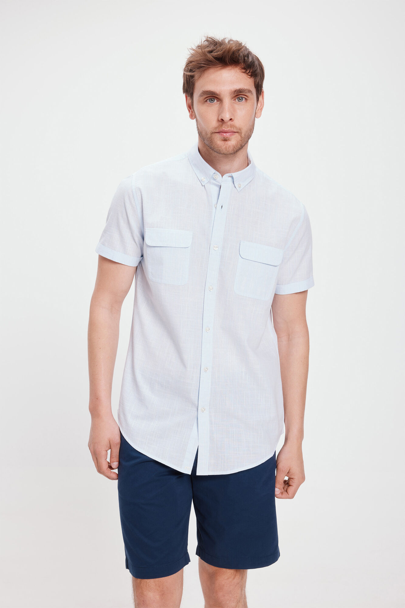 Milano Camisa Slub Lisa Bolsillos Azul