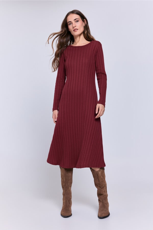 A line midi dress with brown knee high boots