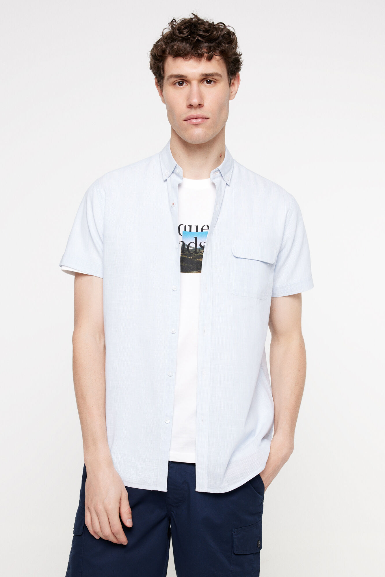 Milano Camisa rayas aspecto lino. Azul