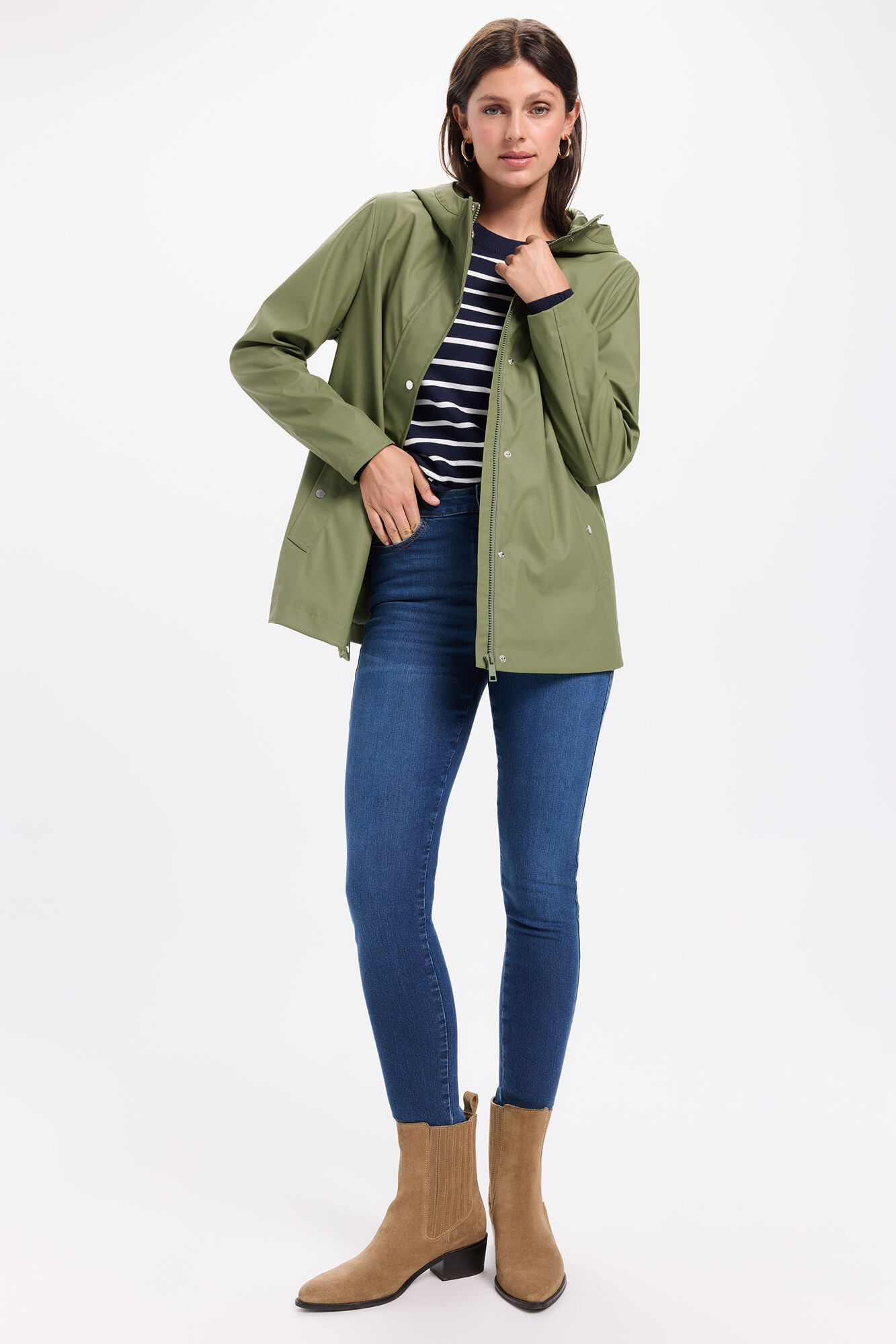 Milano Parka con capucha impermeable de color caqui Kaki Oscuro