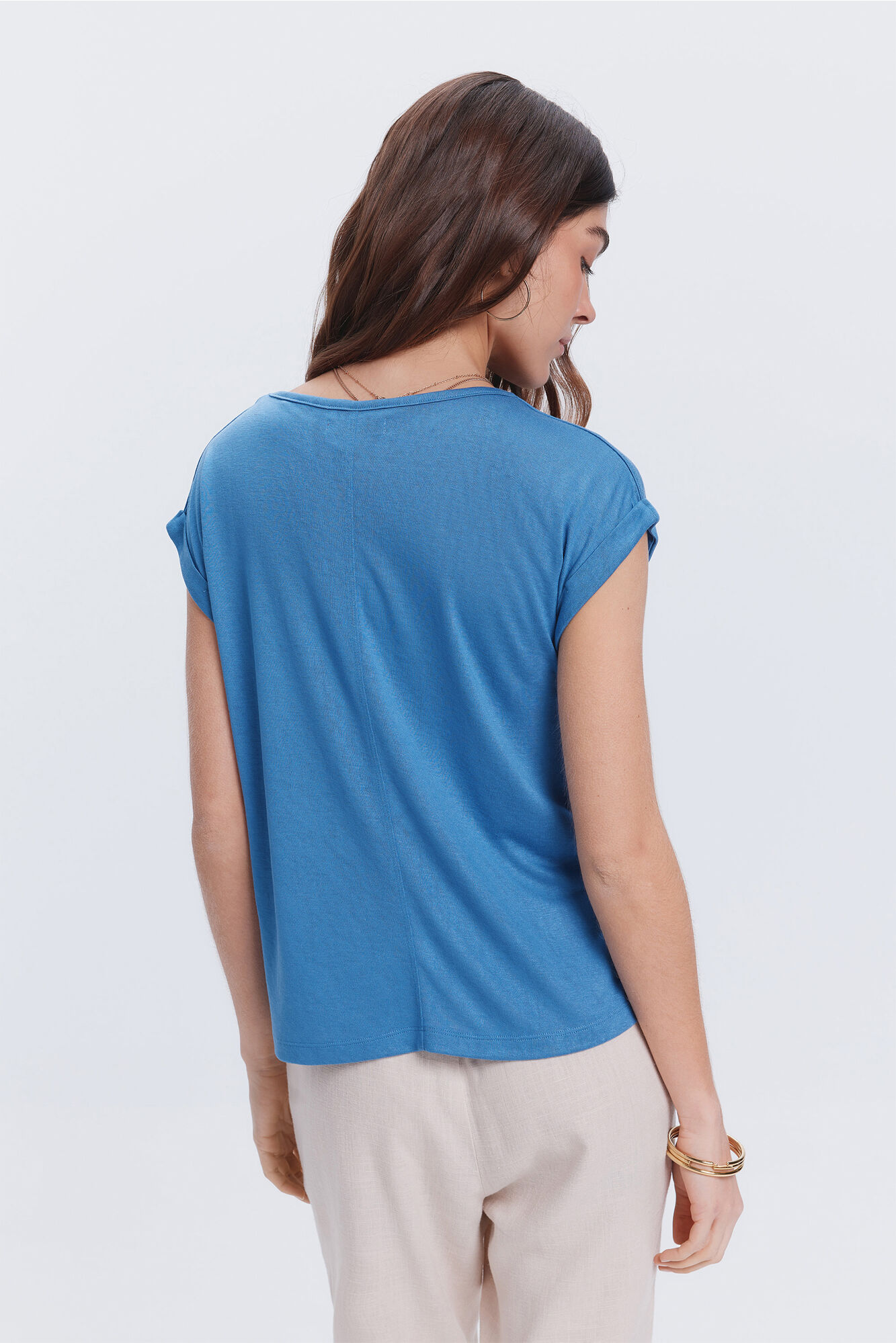 Milano Camiseta efecto lino cuello pico Azul