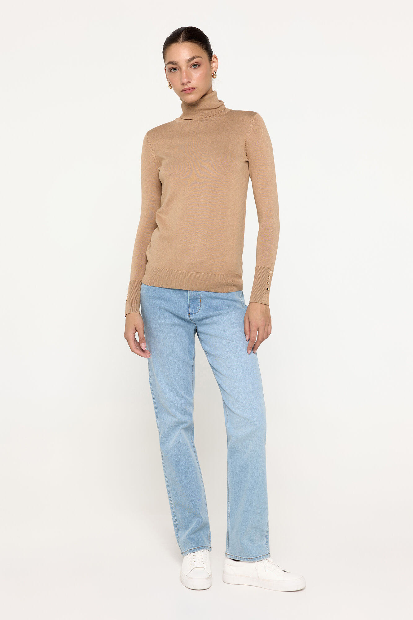 Milano Jersey b&aacute;sico cuello cisne entallado Beige/Camel