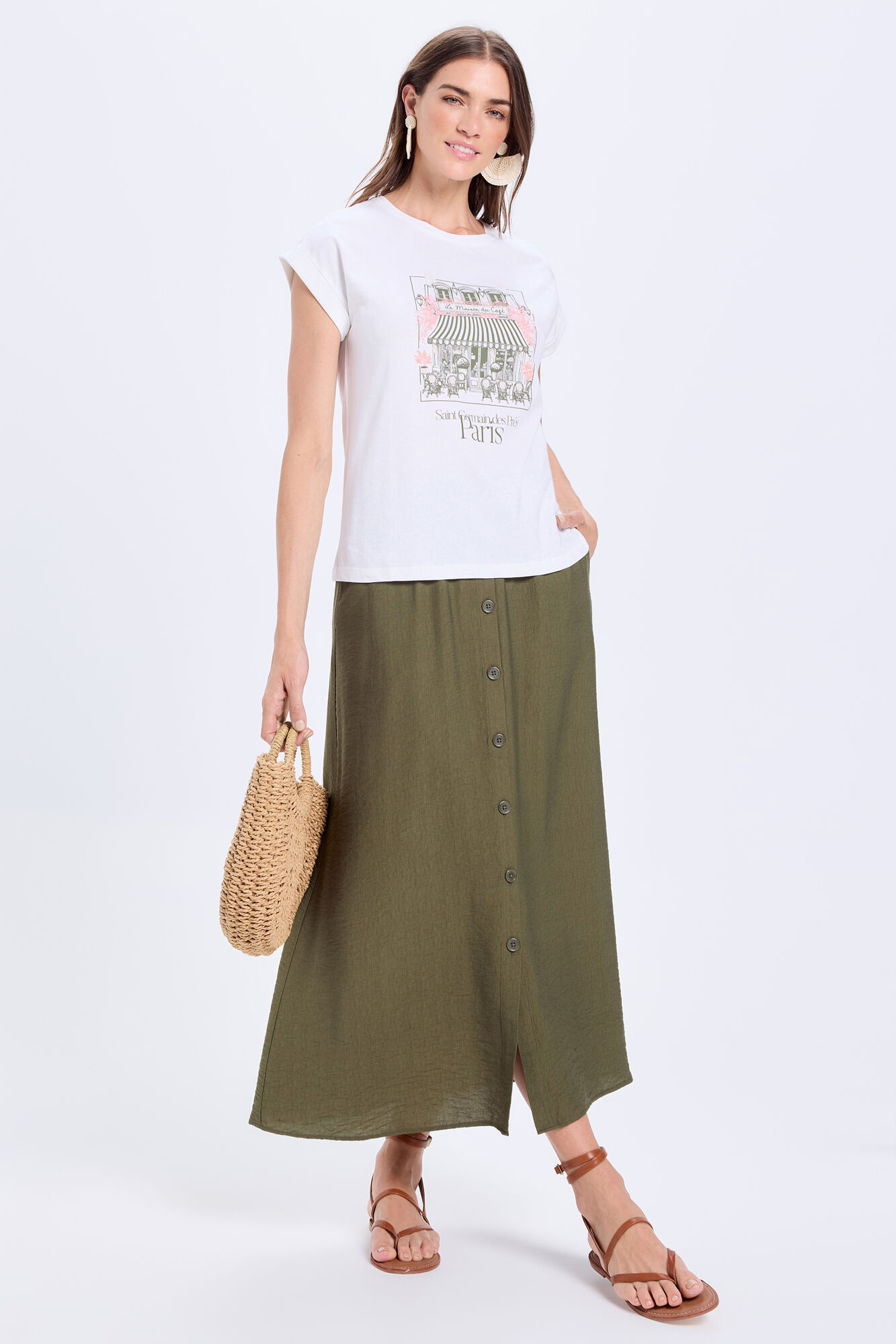 Milano Playera de algod&oacute;n con mangas enrolladas y estampado frontal.