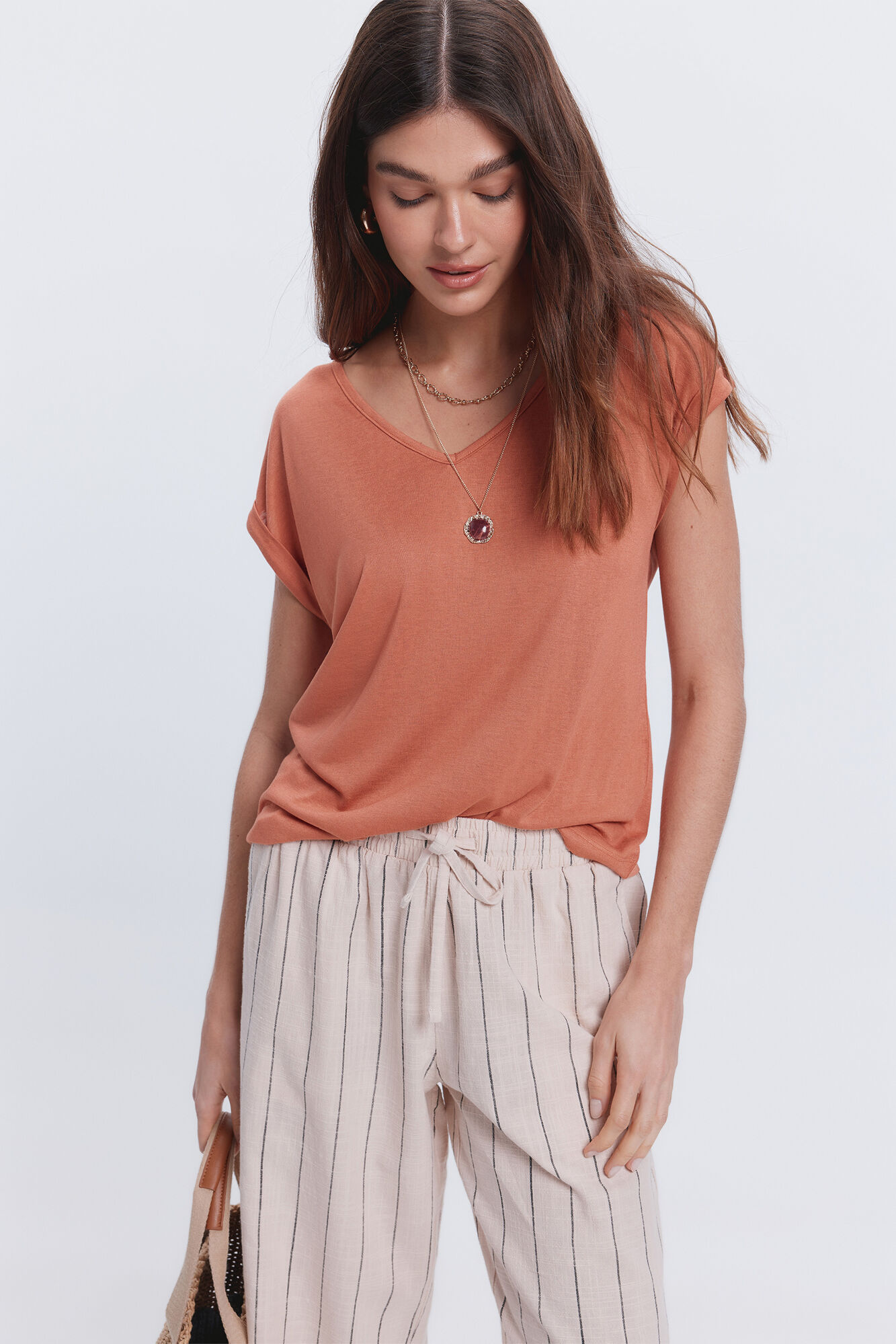 Milano Camiseta efecto lino cuello pico Naranja