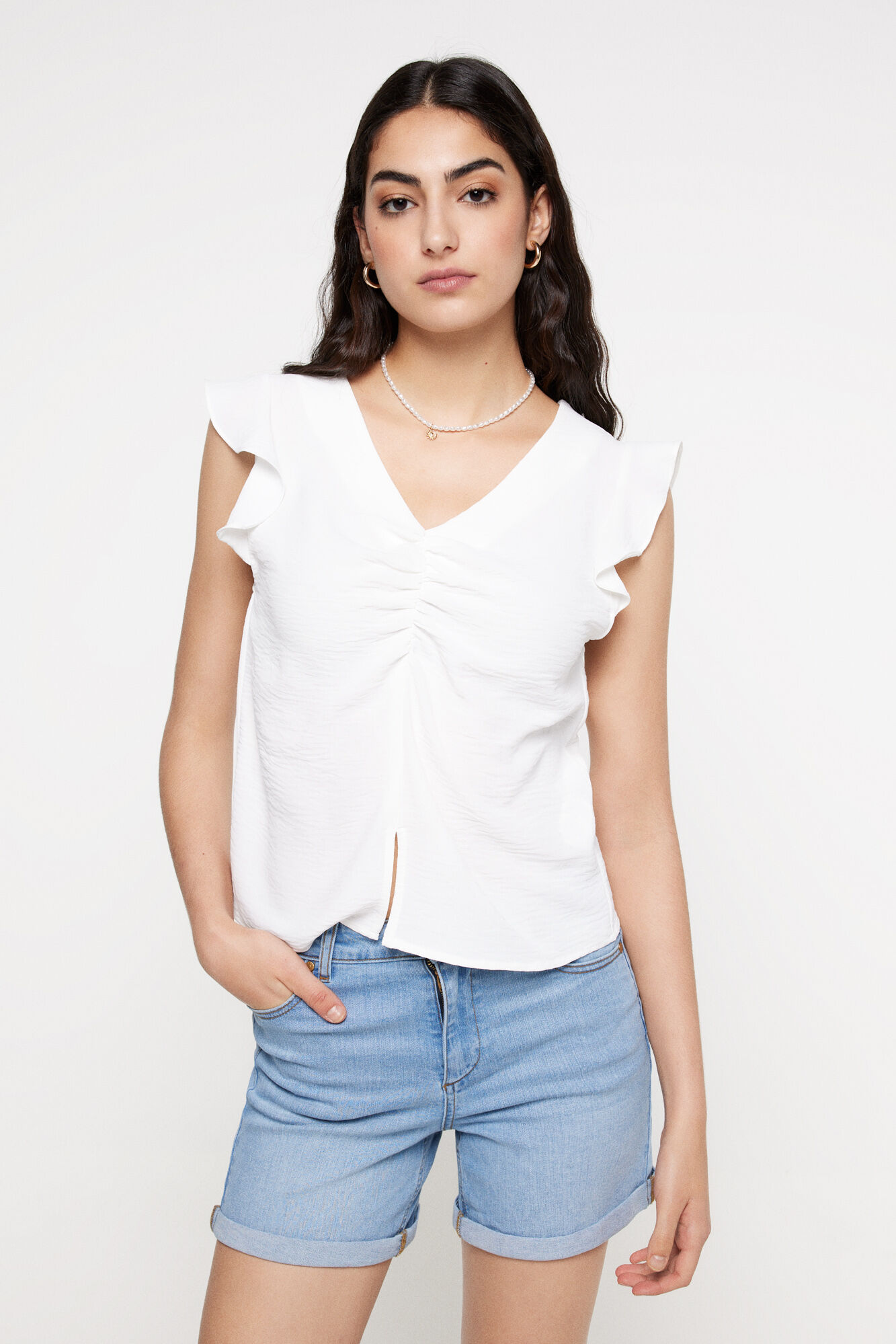 Milano Blusa fruncido escote. Blanco