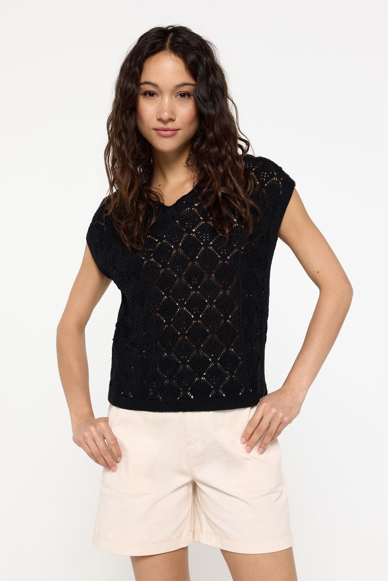 Milano Chaleco Algod&oacute;n Calado Cuello Pico Negro