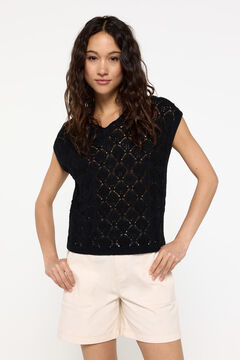 Fifty Outlet Chaleco Algodón Calado Cuello Pico Negro
