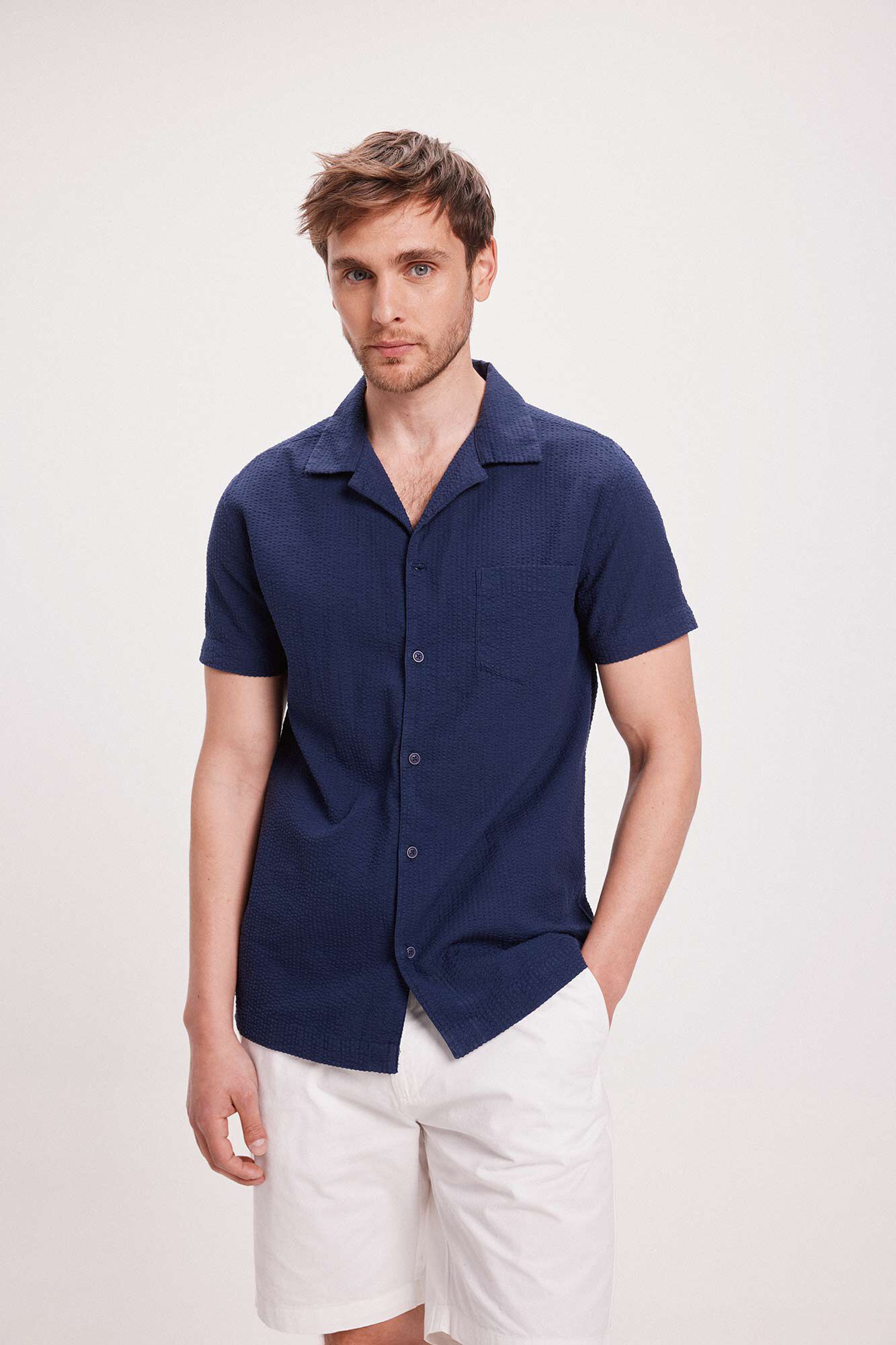 Milano Camisa Solapa Corta Seersucker Navy