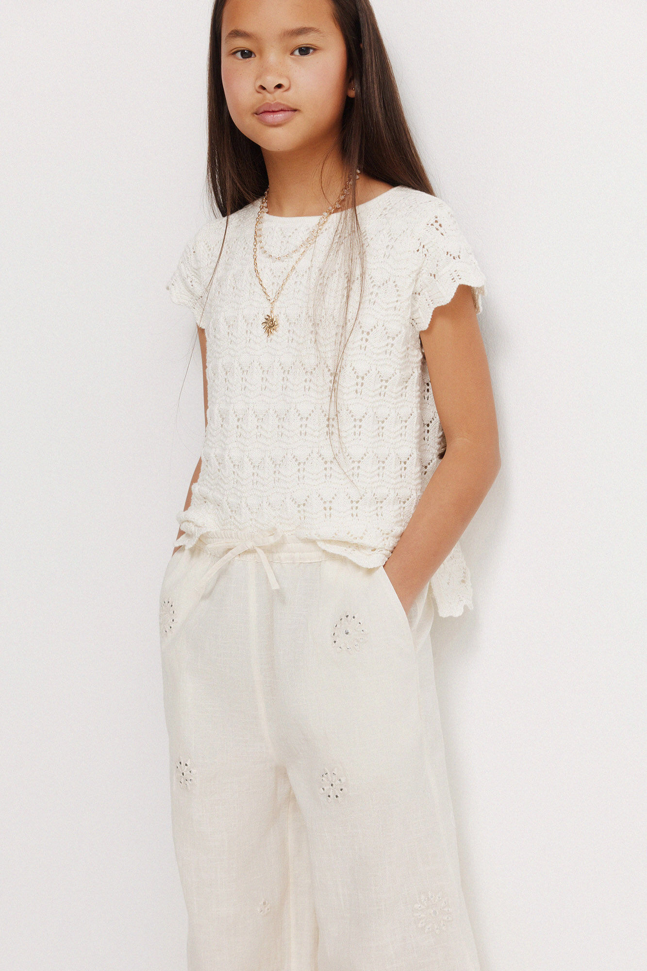 Springfield Kids Pantal&oacute;n fluido con bordados para ni&ntilde;a caf&eacute;