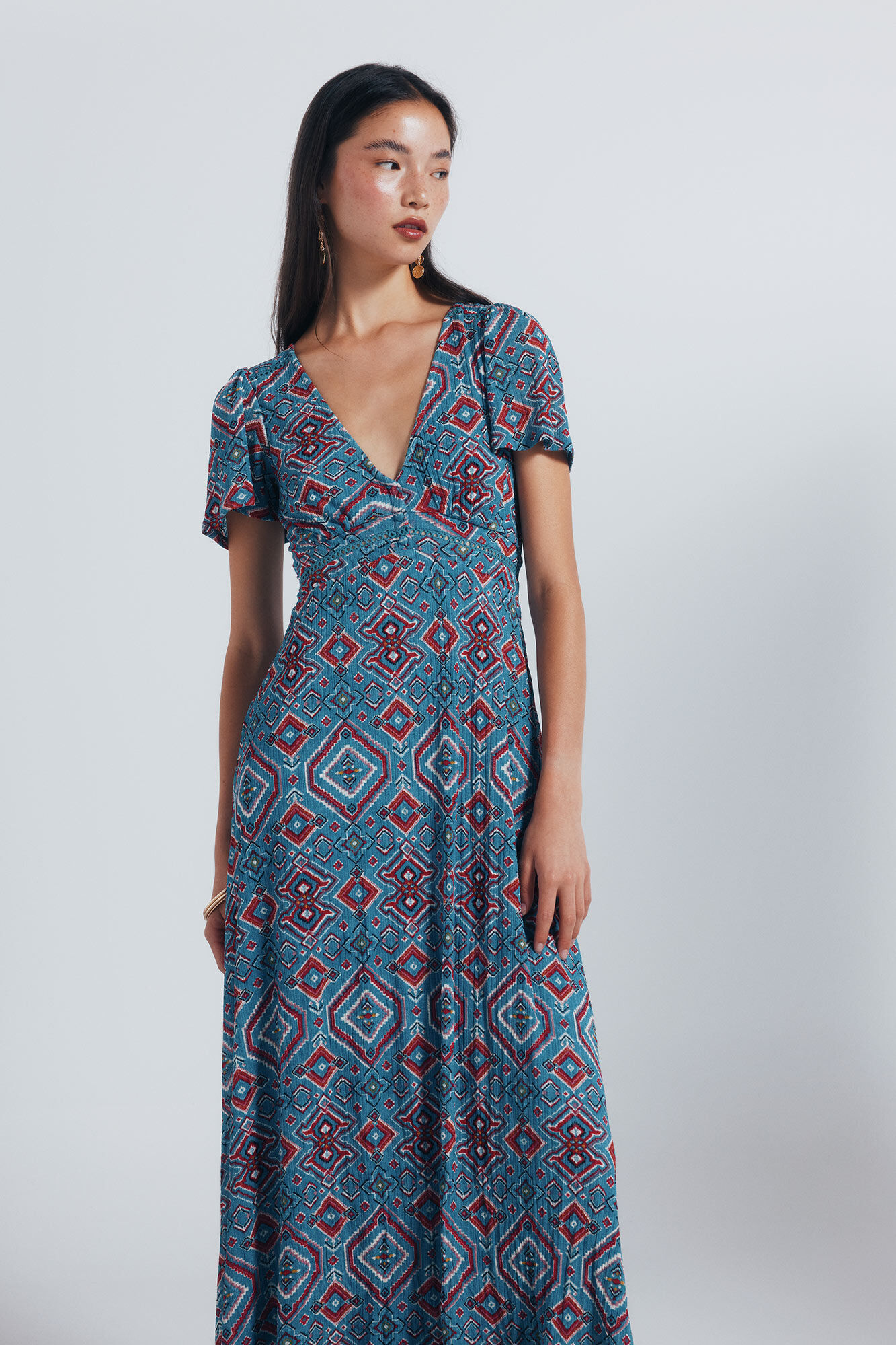 Springfield Vestido midi lace insertado estampado &eacute;tnico turquesa