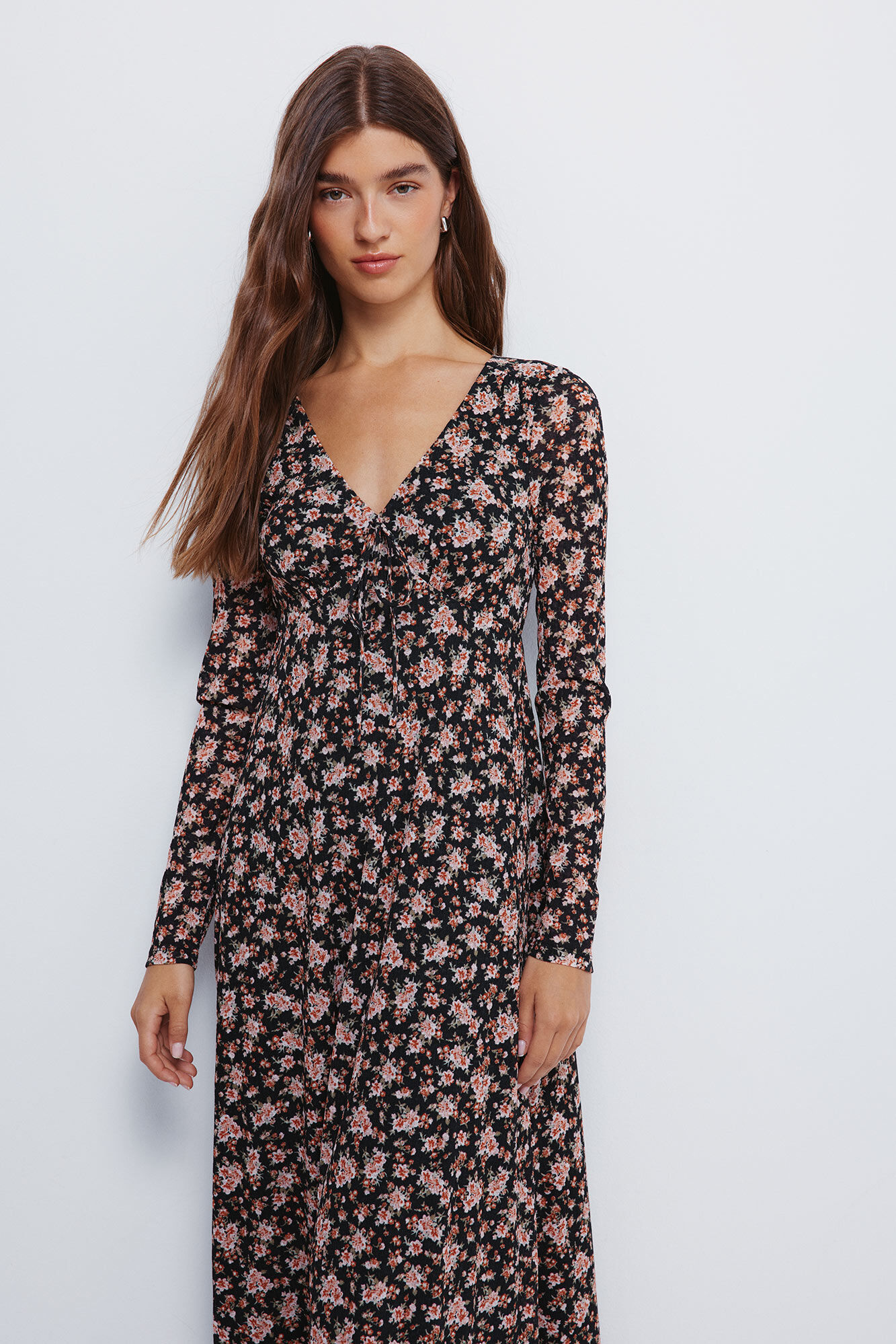 Springfield Vestido midi floral con escote o lazo en el escote negro