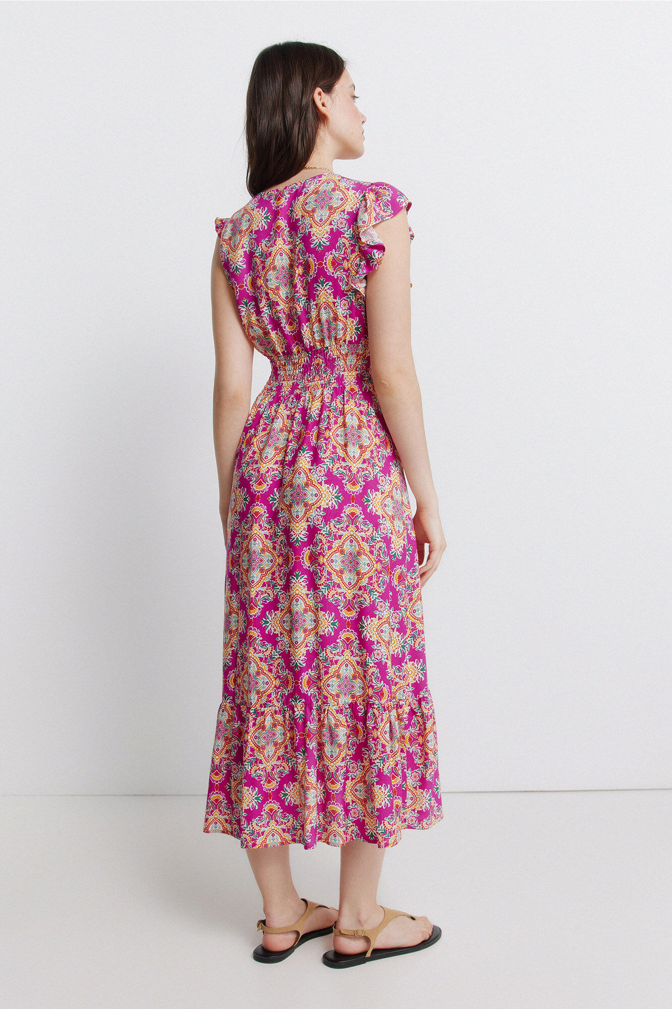 Springfield Vestido midi con volantes en el hombro fucsia