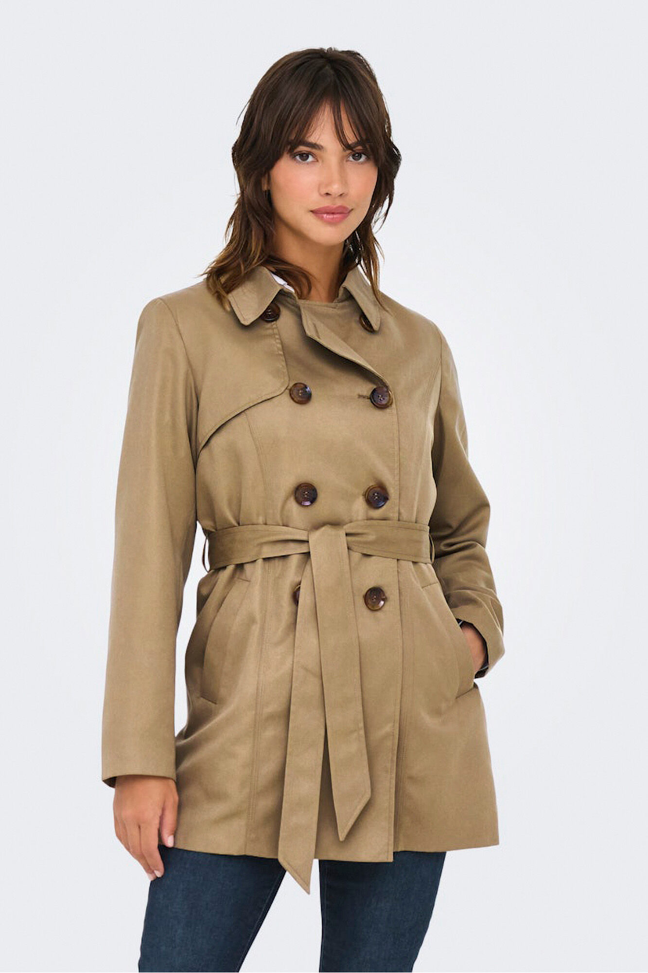 Only Gabardina midi con cintur&oacute;n caf&eacute;