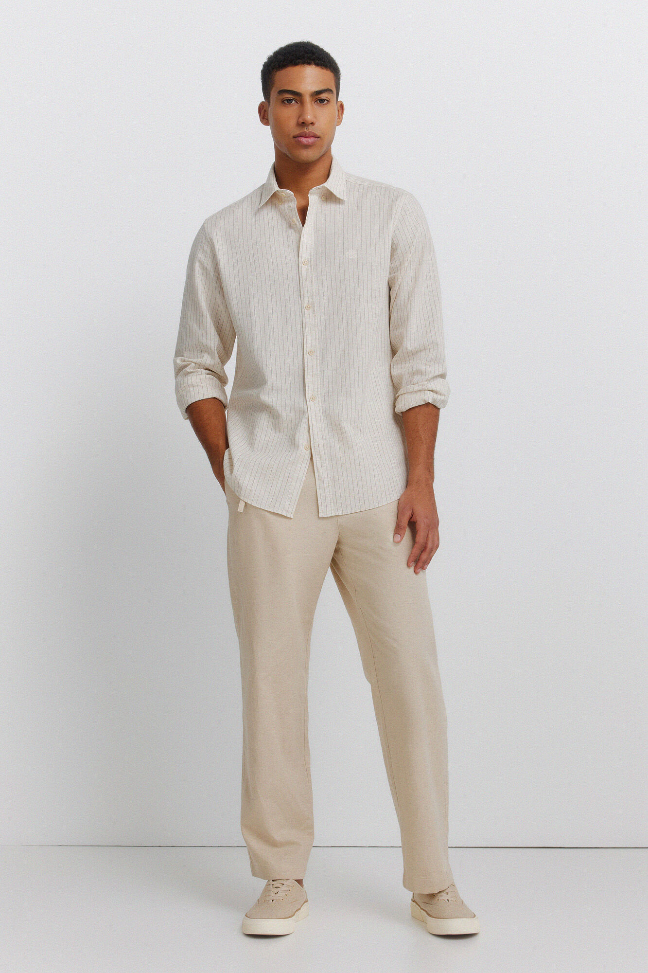 Springfield Camisa de lino a rayas beige