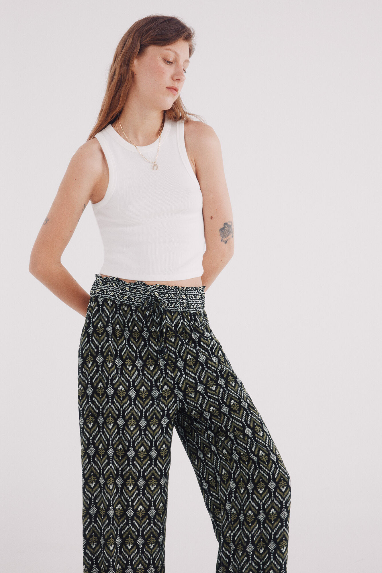 Springfield Pantal&oacute;n fluido palazzo estampado negro