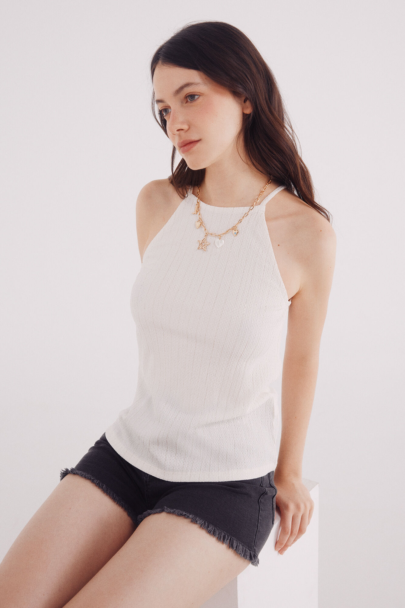 Springfield Top de cuello cuello halter con hilo dorado beige