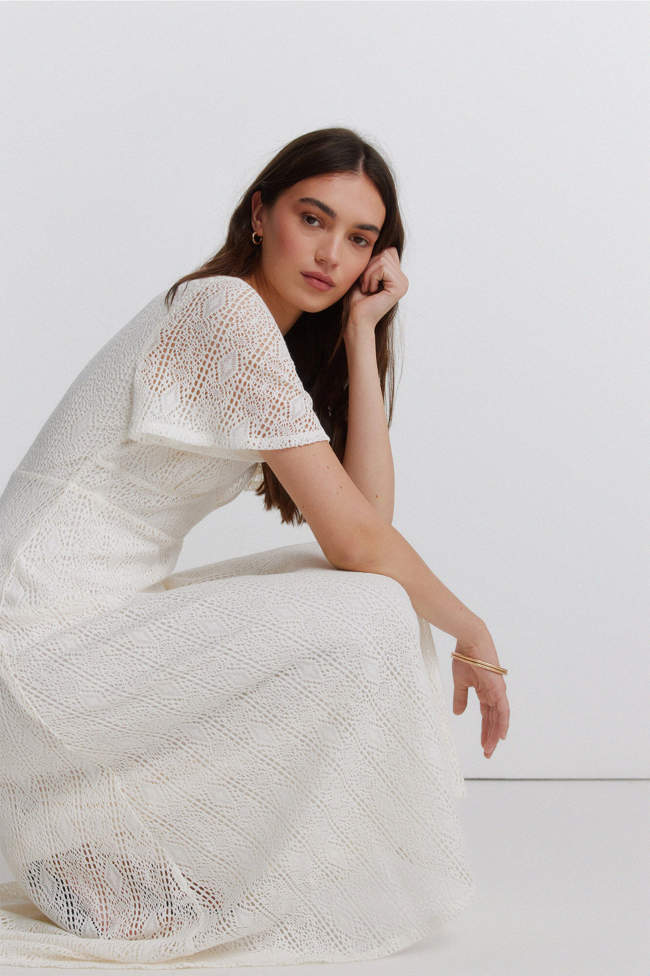 Springfield Vestido midi bordado blanco