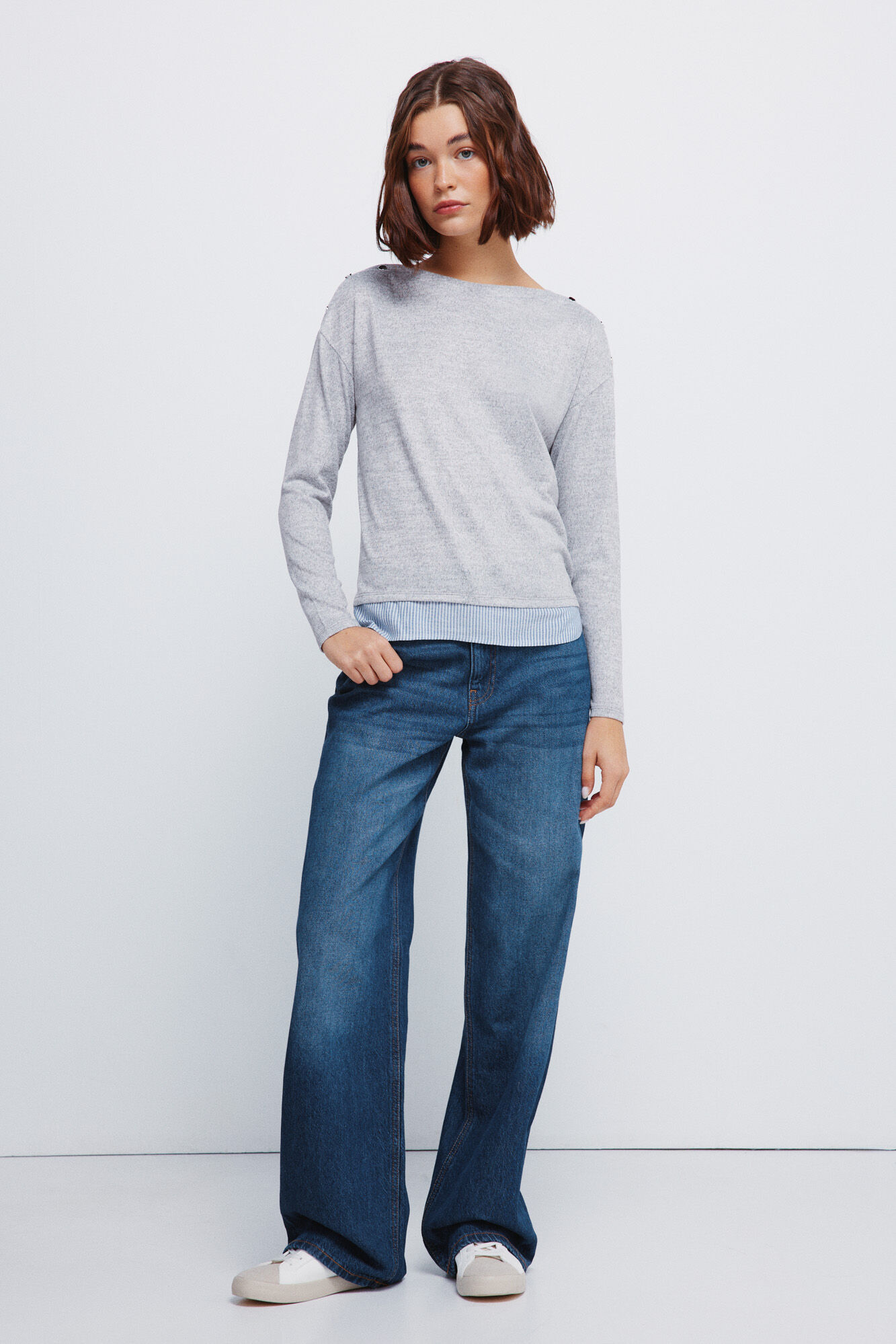 Springfield Playera con botones combinados y hombros descubiertos gris