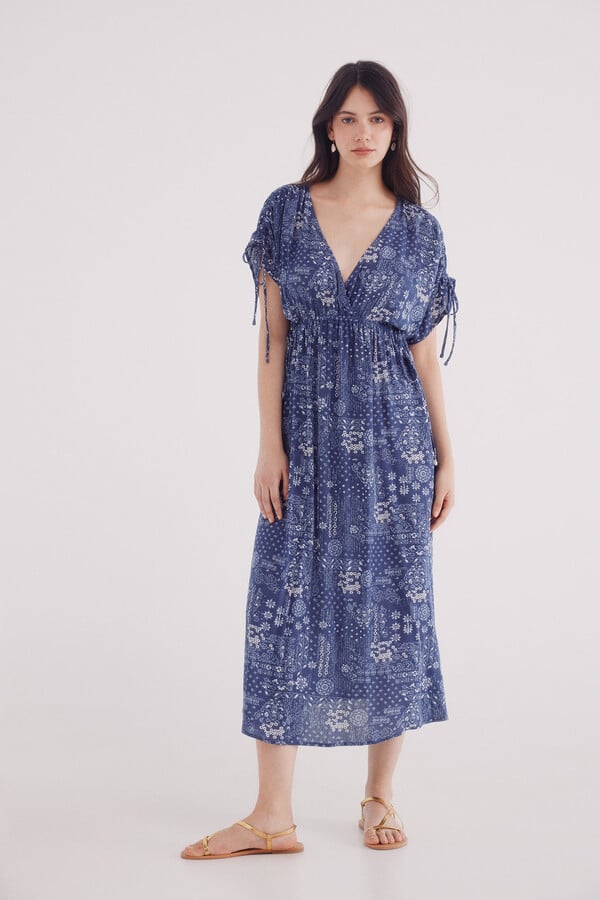 Springfield Vestido midi caftán lazos turquesa