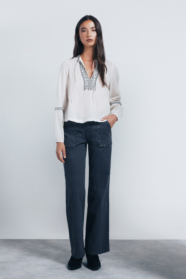 Springfield Blusa boho bordados lentejuelas café
