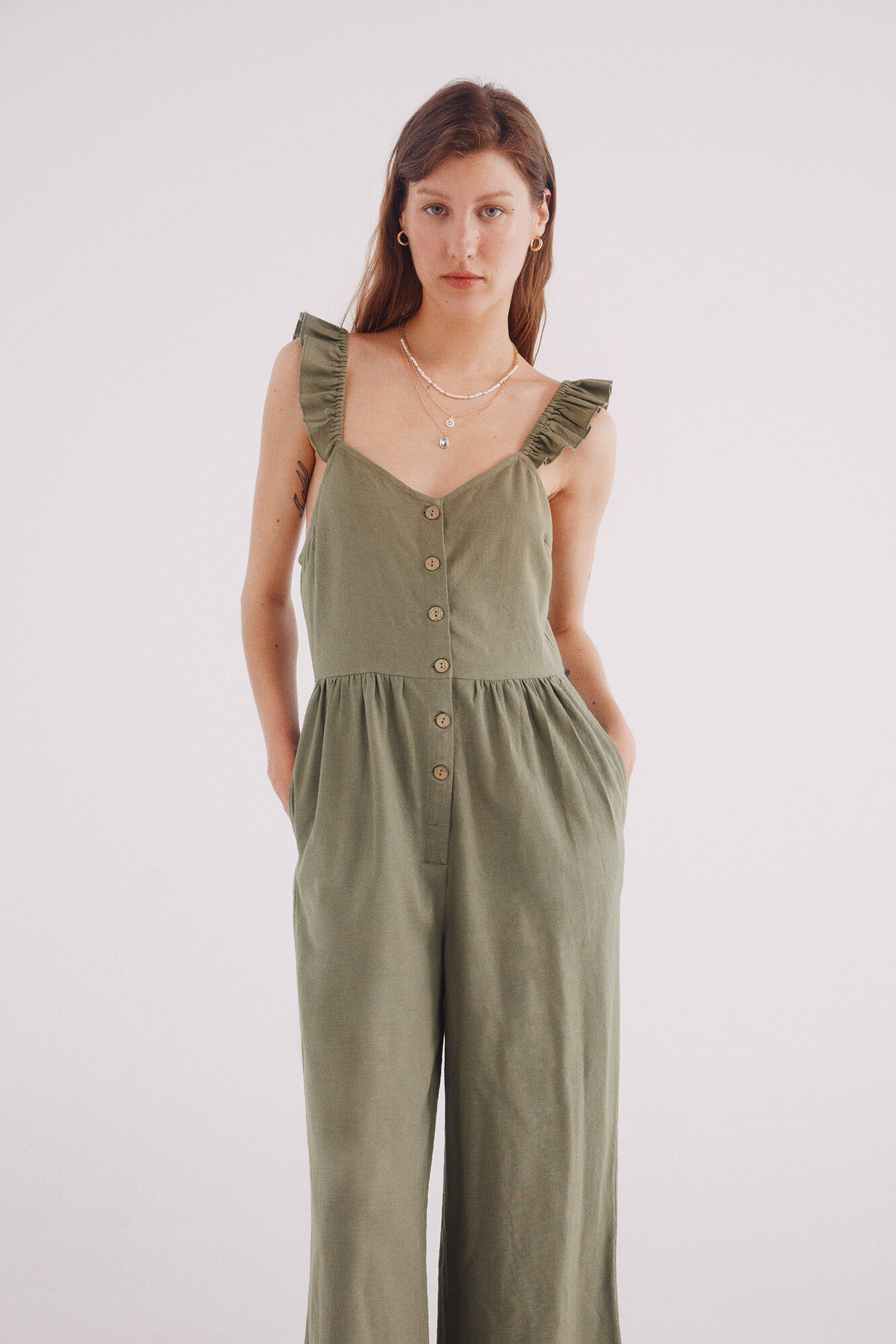 Springfield Jumpsuit tirantes volantes algod&oacute;n gris