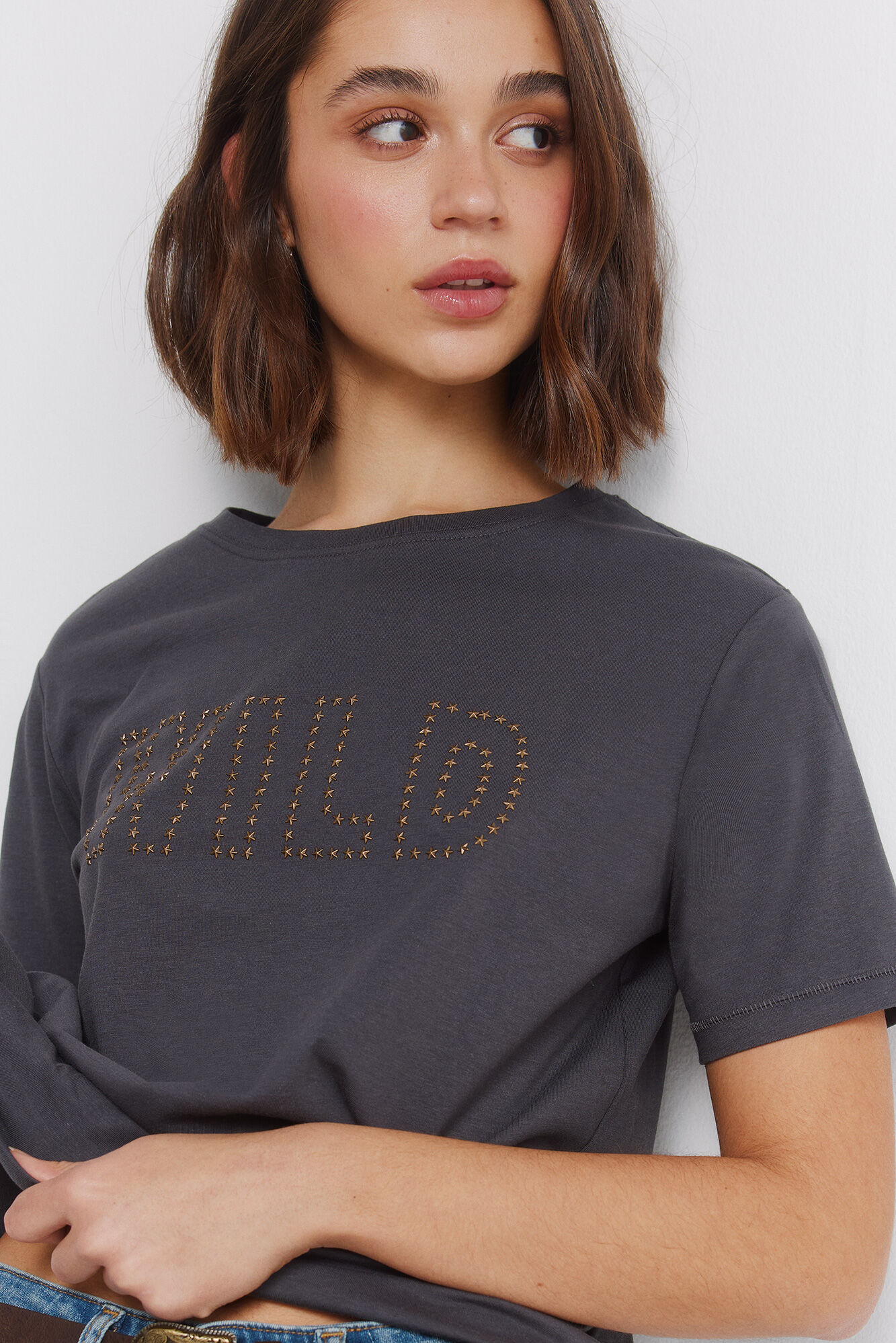 Springfield Playera manga corta con estoperoles de algod&oacute;n gris